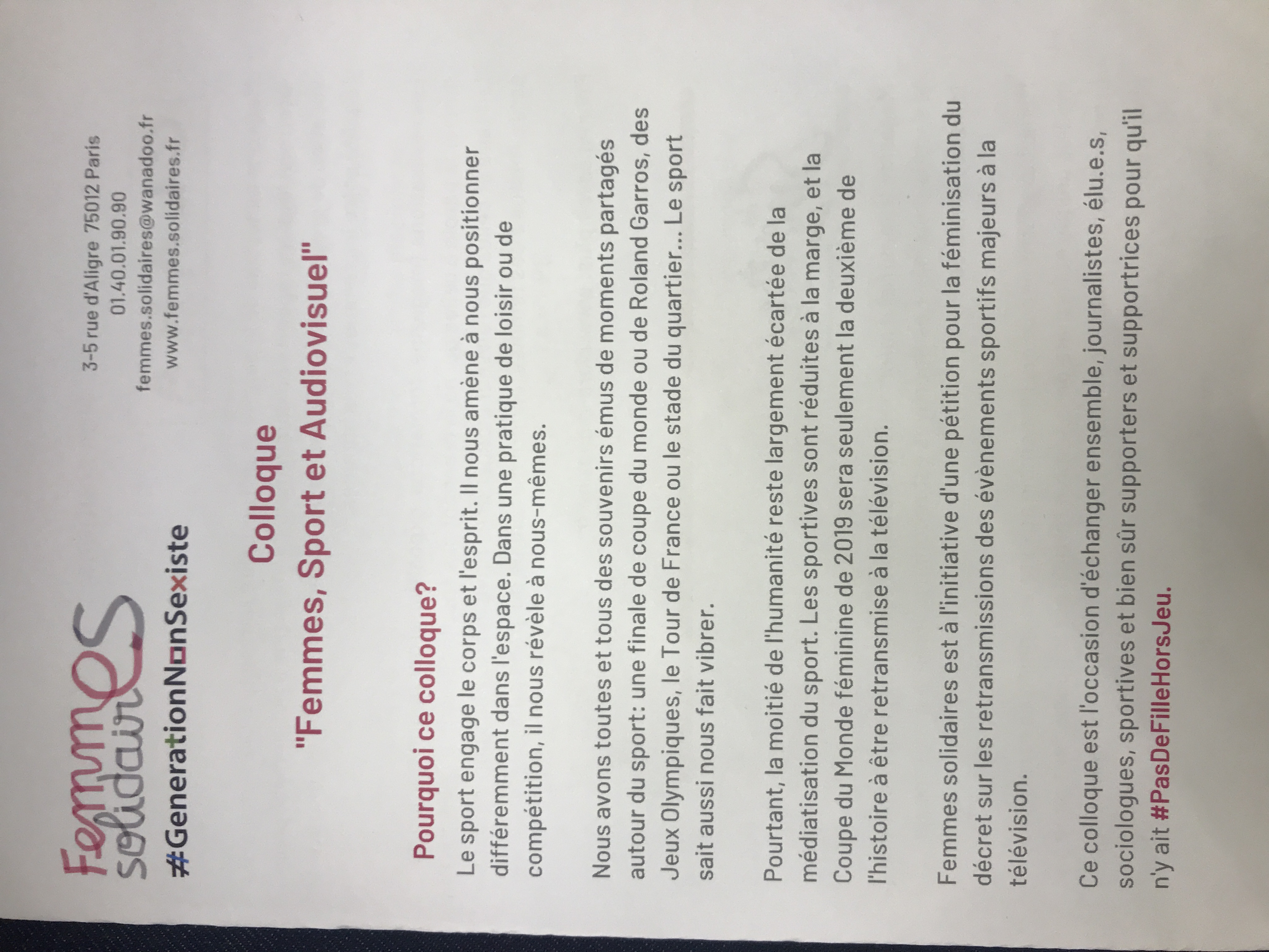Colloque Femmes Solidaires « Femmes, sport et audiovisuel »